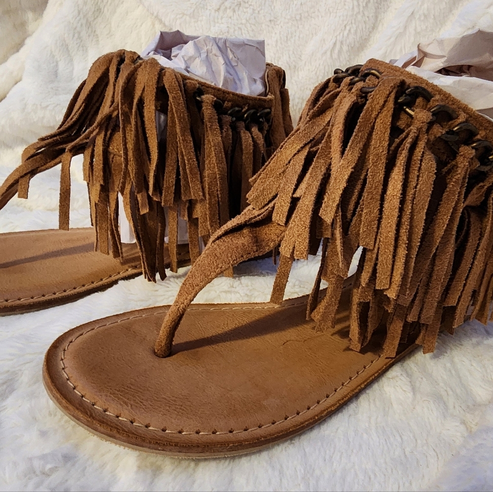 Not Rated Tan Fringe Sandals Boho Style